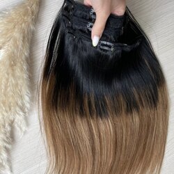 Натуральные волосы на заколках 40см 60г -  темное омбре прикорневым затемнением #1b-6-27 