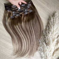 Натуральные волосы на заколках 7прядей 40см 100г - русое мелирование с темными корнями #3-8-22